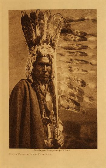 Piegan war-bonnet and coup-stick 1910