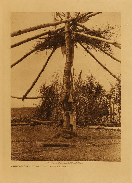 Central post of the sun lodge (Piegan) 1926
