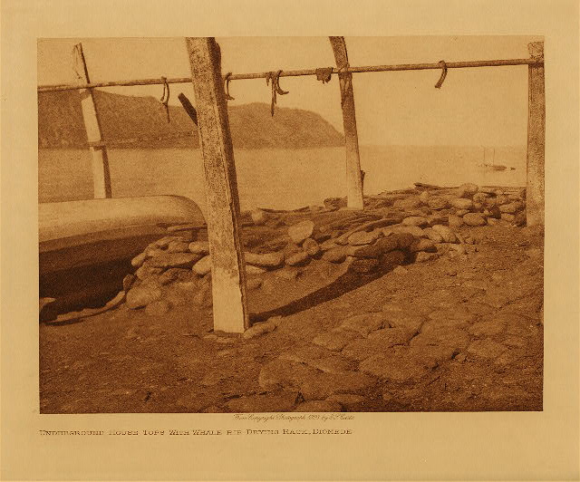 Underground house tops with whale-rib drying rack, Diomede 1928