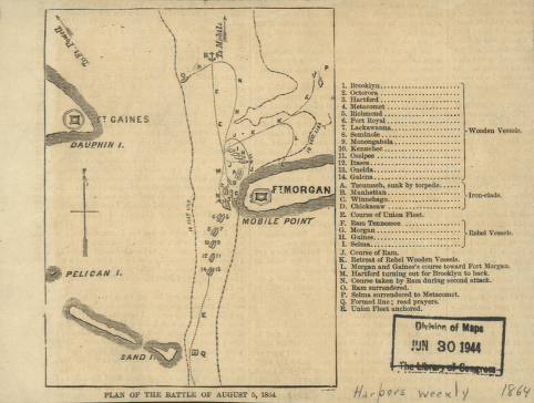 Plan of the battle of August 5, 1864. [Mobile Bay]