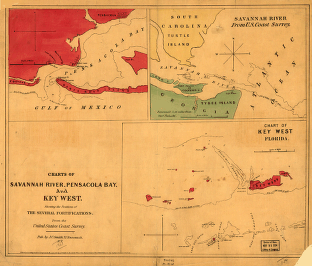 Charts of Savannah River, Pensacola Bay, and Key West