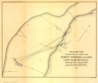 Plan of the attack by gun-boats on Forts Strong and Lee
