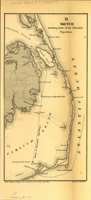 Sketch showing route of the Burnside expedition to Roanoke Island, N.C.