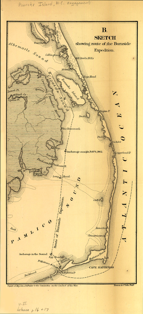 Sketch showing route of the Burnside expedition to Roanoke Island, N.C.