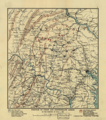 Position of Union and Confederate armies on the morning of July 1, 1863