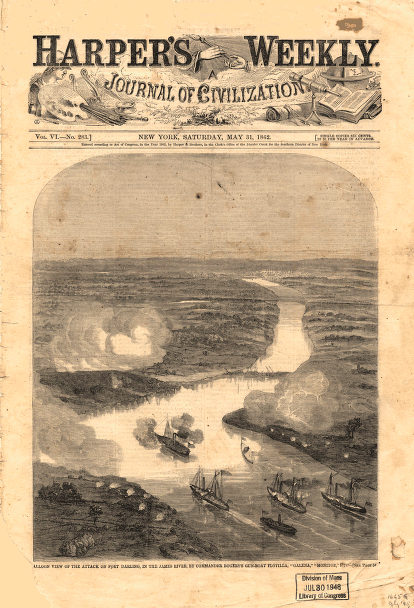 Balloon view of the attack on Fort Darling in the James River