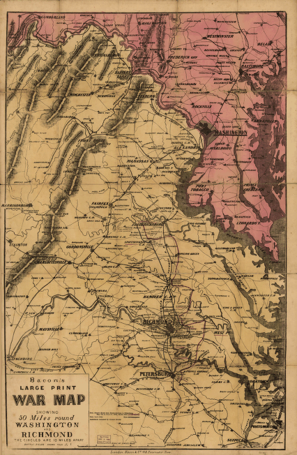 Bacon's large print war map showing 50 miles round Washington and Richmond
