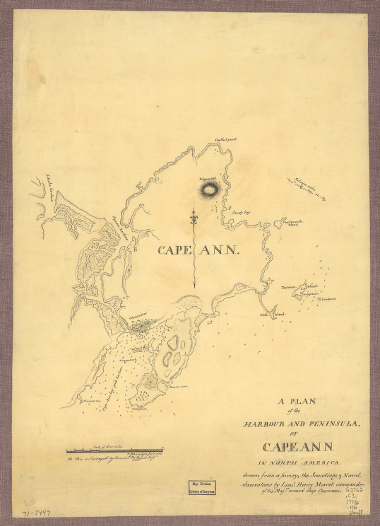 A plan of the harbour and peninsula of Cape Ann in North America, drawn from a survey: the soundings & naval observations by Lieut: Henry Mowat, commander of His Majys: armed ship Canceaux P: D'Auvergne, fecit, 1776 NB this is surveyed by Samuel