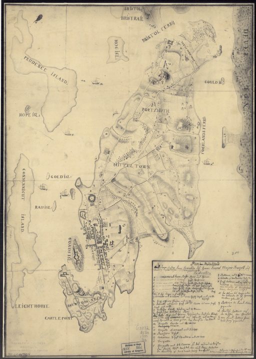 Plan von Rhode Island, und deren dem comando des Herrn General Majors Presgott inf dies-malig befundlichen campements Aufgenommen und gezeichnet den 8ten July 1777, von J C Schiffer, Artiy Lieut