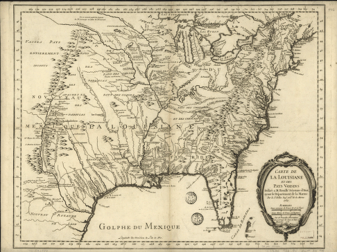Carte de la Louisiane et des pays voisins, dediee a M Rouille, secretaire d'etat, ayant le Departement de la marine Par le Sr Bellin, ingr ordre de la marine, 1750
