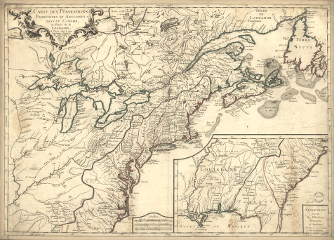 Carte des possessions francoises et angloises dans le Canada, et partie de la Louisiane, 1756 L Thevenard fil sculp
