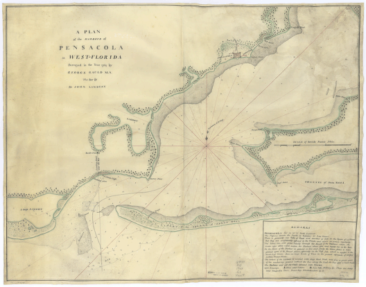 A plan of the harbour of Pensacola in West-Florida Surveyed in the year 1764 by George Gauld, MA The bar by Sir John Lindsay