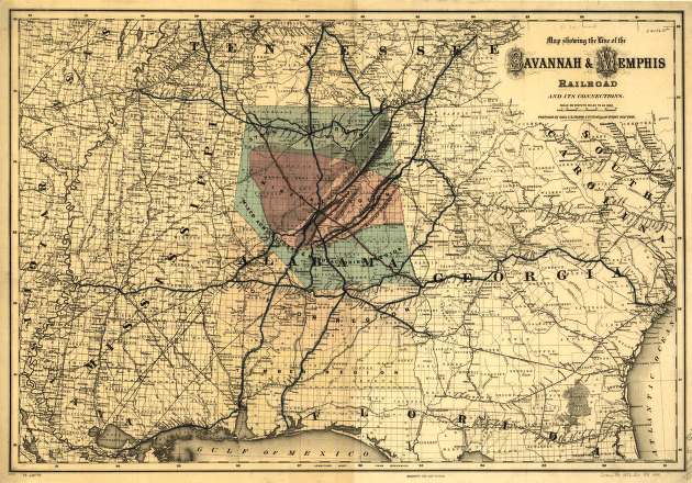 Map showing the line of the Savannah & Memphis Railroad and its connections.