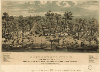 Sacramento city, Ca. from the foot of J. Street, showing I., J., & K. Sts. with the Sierra Nevada in the distance