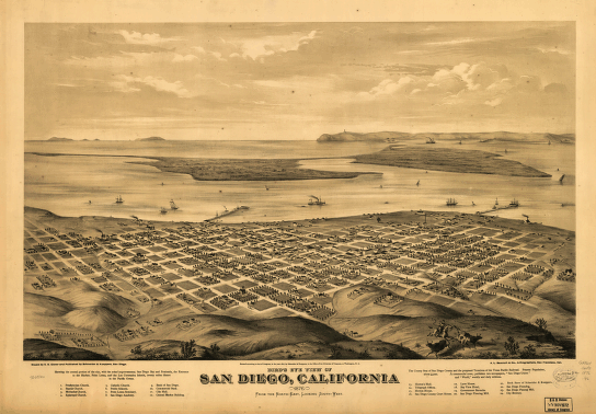 Bird's eye view of San Diego, California 1876. Drawn by E. S. Glover. A.L. Bancroft & Co., lithographers.