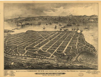 Bird's eye view of Coronado Beach, San Diego Bay and city of San Diego, Cal. in distance