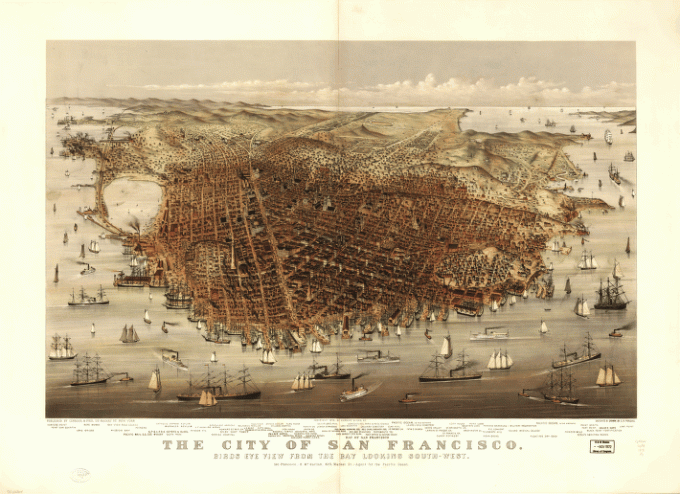 The city of San Francisco. Birds eye view from the bay looking south-west.