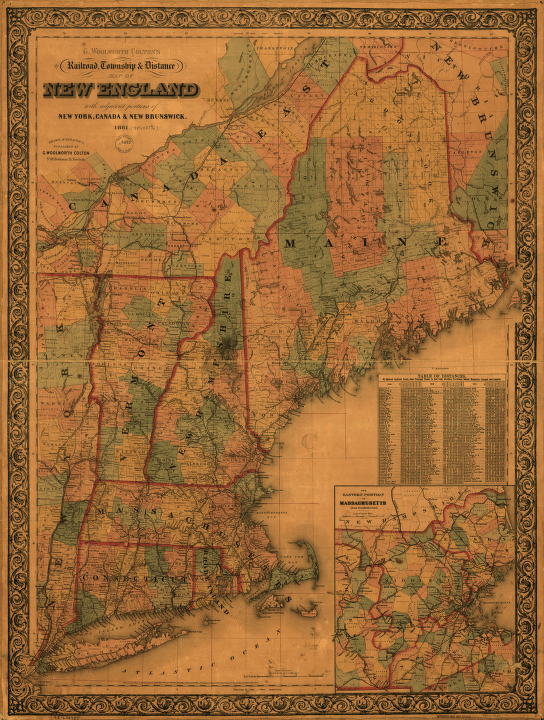 G. Woolworth Colton's railroad, township & distance map of New England with adjacent portions of New York, Canada & New Brunswick