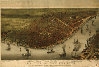 The city of New Orleans, and the Mississippi River Lake Pontchartrain in distance.