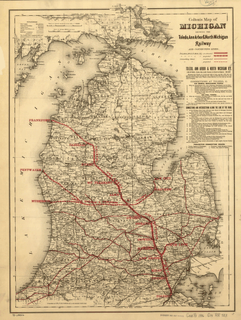 Map of Michigan showing the Toledo, Ann Arbor, & North Michigan Railway and connecting lines