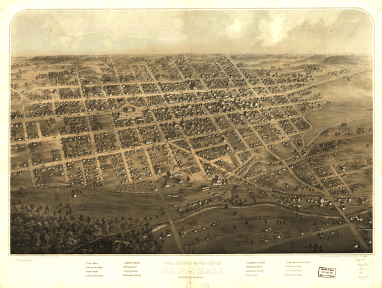 Birds eye view of the city of Marshall, Calhoun Co., Michigan. Drawn & published by A. Ruger.