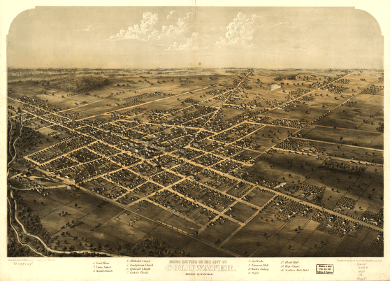 Birds eye view of the city of Coldwater, Branch Co., Michigan. Drawn & published by A. Ruger.