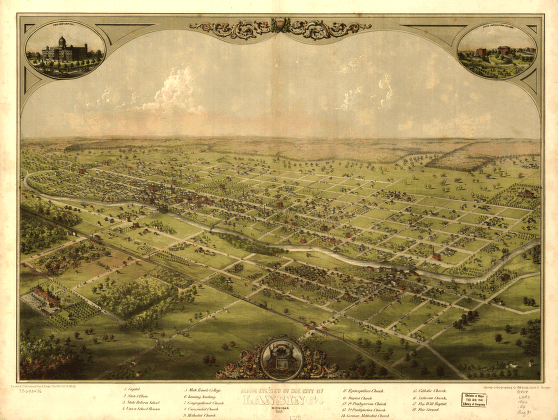 Birds eye view of the city of Lansing, Michigan 1866. Drawn & published by A. Ruger.