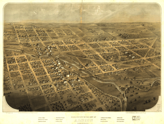 Birds eye view of the city of Albion, Calhoun Co., Michigan. Drawn & published by A. Ruger.