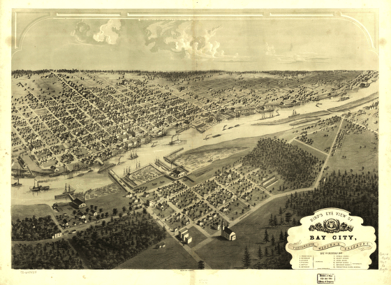 Bird's eye view of Bay City, Portsmouth, Wenona & Salzburg, Bay Co., Michigan 1867. Drawn by A. Ruger.