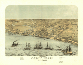 Bird's eye view of Saint Clair, St. Clair Co., Michigan 1868. Drawn by A. Ruger. Chicago Lith. Co.