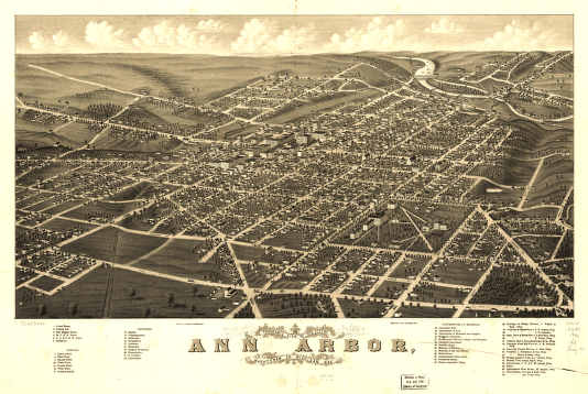 Panoramic view of the city of Ann Arbor, Washtenaw Co., Michigan 1880. Beck & Pauli Lith.