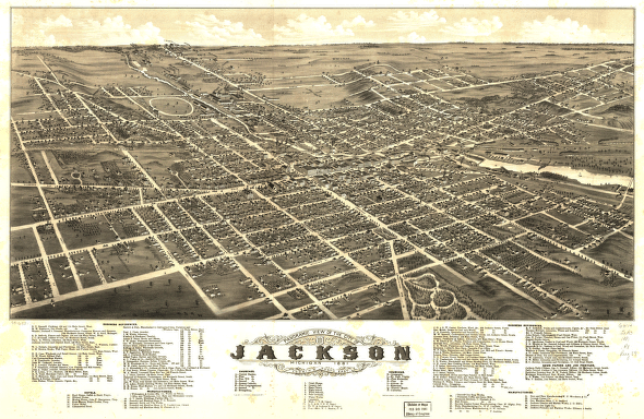 Panoramic view of the city of Jackson, Michigan 1881. [By] A. Ruger. Beck & Pauli Lith.