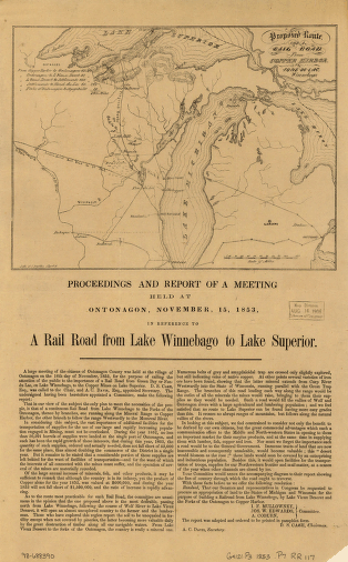 Proposed route for a rail road from Copper Harbor, to Fond Du Lac, Winnebego.