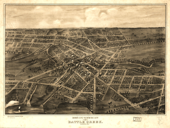 Bird's eye view of the city of Battle Creek, Calhoun Co., Mich. Drawn and published by A. Ruger.