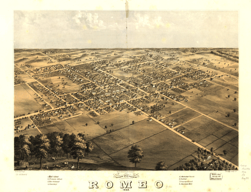 Bird's eye view of Romeo 1868. Drawn by A. Ruger. Chicago Lithogr. Co.