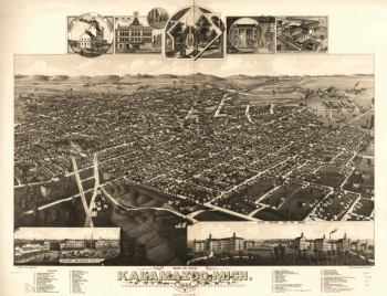 Bird's eye view of Kalamazoo, Mich. 1883. Drawn by H. Wellge & A. F. Poole. Beck & Pauli, lithographers.