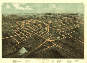 Birds eye view of the city of Hillsdale, Hillsdale Co., Mich. 1866. Drawn & published by A. Ruger.