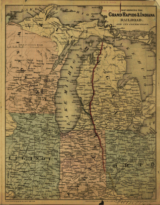 Map showing the Grand Rapids & Indiana Railroad, and its connections.