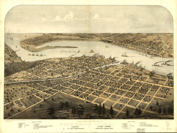Birds eye view of the city of Port Huron, Sarnia & Gratiot, St. Clair Co., Michigan 1867 & Point Edwards, Lambton Co., Canada west. Drawn & published by A. Ruger.