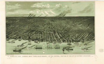 Birds eye view--showing about three miles square--of the central portion of the city of Detroit, Michigan. Calvert Lith Co.