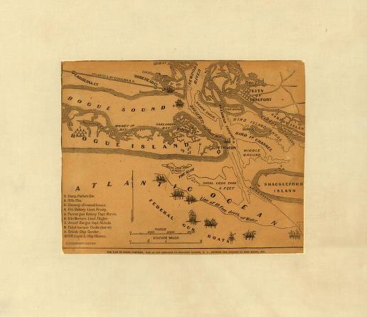 The war in North Carolina. Map of the entrance to Beaufort harbor, N.C. showing the position of Fort Macon, etc.