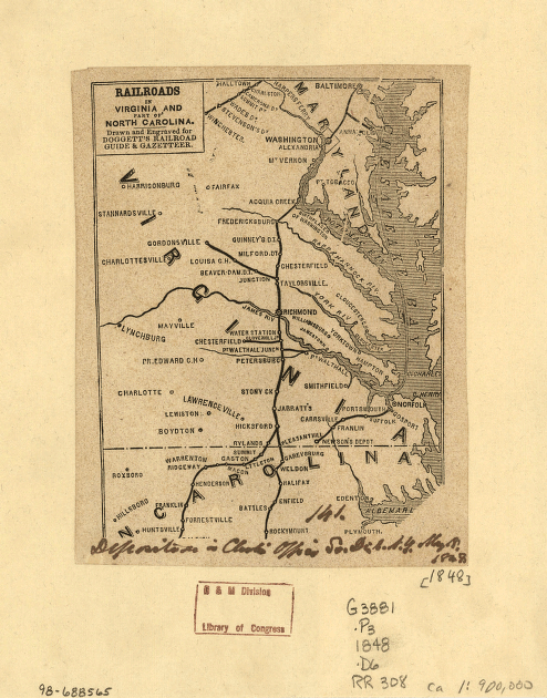 Railroads in Virginia and part of North Carolina, drawn and engraved for Doggett's Railroad Guide & Gazetteer.