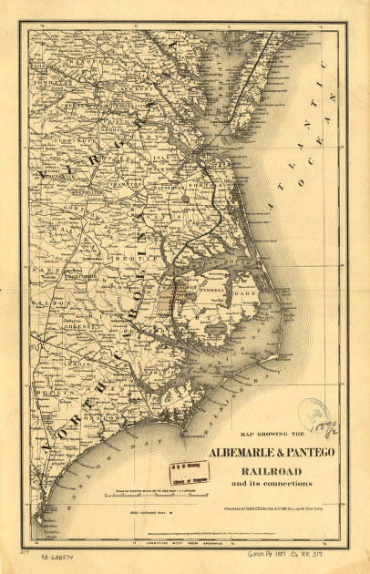 Map showing the Albemarle & Pantego Railroad and its connections.