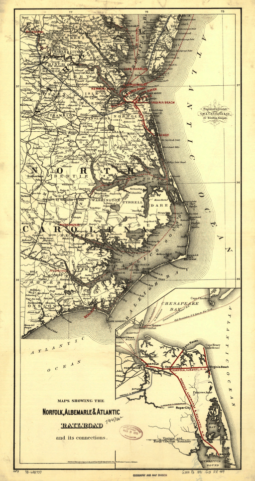 Maps showing the Norfolk, Albermarle & Atlantic Railroad and its connections.