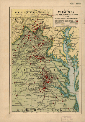 Map of Virginia and neighboring states showing the location of battles in the Civil War 1861-1865.