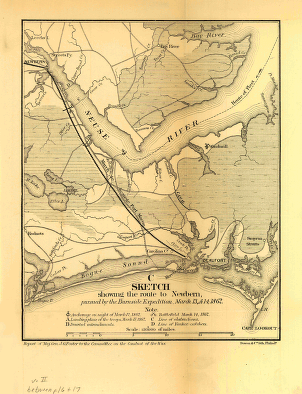 Sketch showing the route to Newbern, pursued by the Burnside expedition, March 13 & 14, 1862