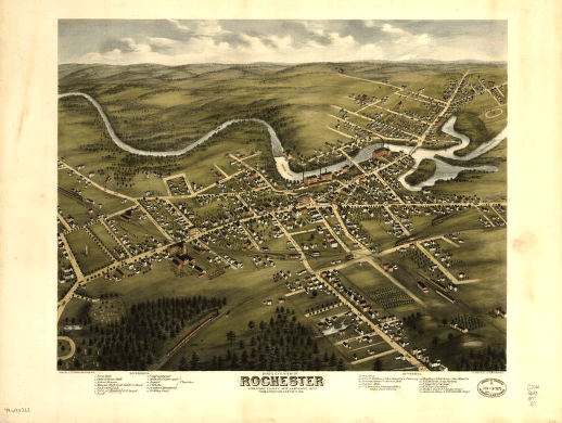 Bird's eye view of Rochester, Strafford County, New Hampshire, 1877 : from a position, east of town / pub. by J. J. Stoner ; C. H. Vogt & Co., lith., Milwaukee.