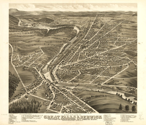 Bird's eye view of Great Falls, Strafford Co., New Hampshire & Berwick, York Co., Maine 1877. A. Ruger del. C.H. Vogt & Co. Lith.