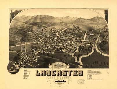 Bird's eye view of the village of Lancaster, Coos County, N.H. 1883. [Drawn by] A. F. Poole. Beck & Pauli, lithographers.