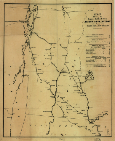 Map showing the proposed rail roads from Boston to Burlington, from Hale's map of New England